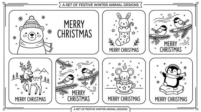 Cute Christmas Animals Designs: Bear, Bunny, Penguin, Deer, Mouse, Birds