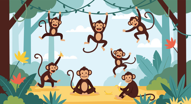 Group of cheerful monkeys plays, swings on vines, and eats bananas in a lush tropical jungle filled with trees and flowers.