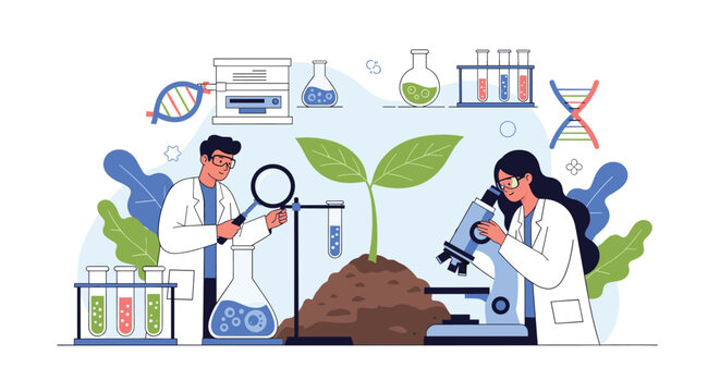 Professional scientists in white lab coats study plant growth using a microscope and test tubes in a modern biology laboratory.