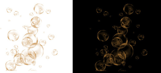 Golden soap bubbles floating on black and white backgrounds, elegant champagne bubbles texture, luxury liquid spheres for celebration design © Motion Mania