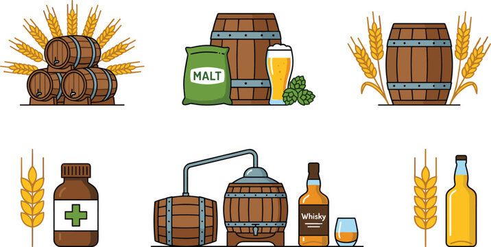Vector Set of Malt, Barrels, and Alcohol Distillery Elements, Brewing and Fermentation Process.
