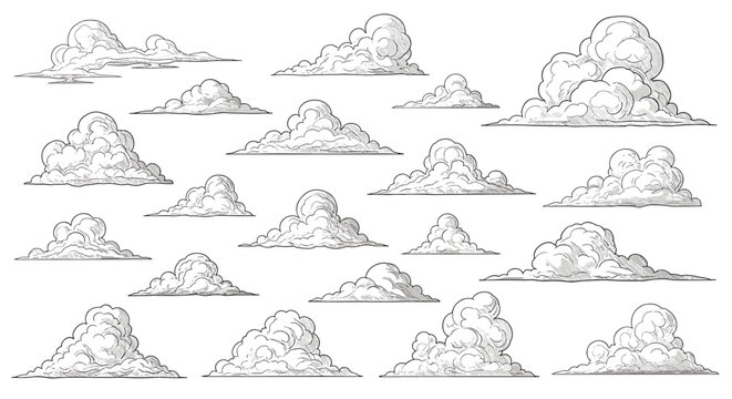 Collection of hand-drawn cloud sketches in different shapes and sizes provides a classic engraved or etched look for sky designs.