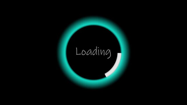 Loading animation featuring glowing cyan ring with white rotating progress indicator on black background for digital interfaces web applications software design multimedia system processing
