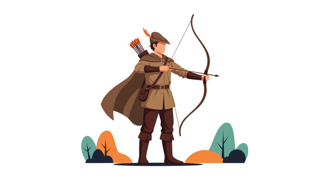 Heroic archer dressed in traditional forest green attire aiming a bow and arrow in a stylized outdoor landscape setting.