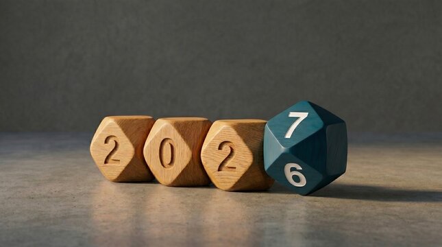 Wooden blocks spelling 202 with a blue die showing 7, symbolizing the year 2027 or a transition from 2026 to 2027.