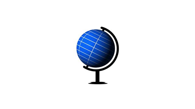 Animated 3d blue globe spinning slowly on stand showing continents on white background, educational concept for global world geography and exploration with rotating planet earth.