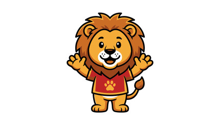 Cute cartoon lion waving with a friendly smile, wearing a red t-shirt with a paw print. © ardan