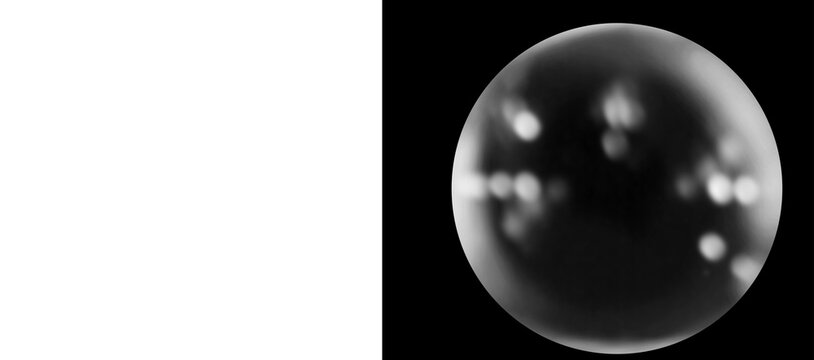 Abstract soap bubble with bokeh reflections, iridescent glass sphere on black background, ethereal circular soap film texture