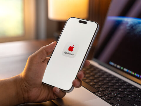 Apple Care logo is displayed on the screen of a smartphone, in Bangalore, India, on May 15, 2026
