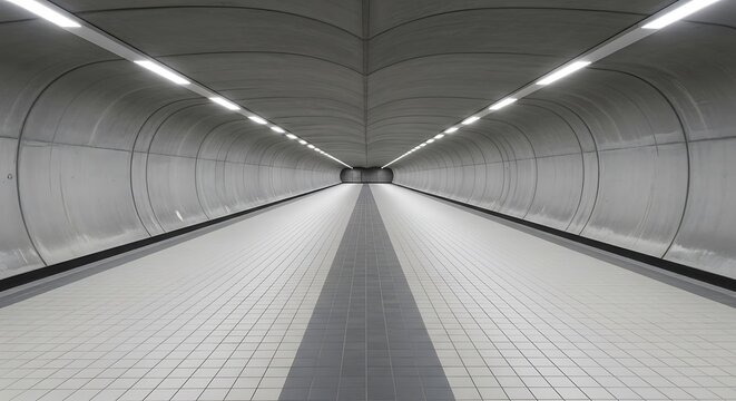 Empty square room with Symmetrical pedestrian underpass and outgoing perspective. Gray concrete and tile transition.