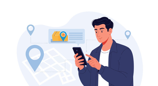 Man using smartphone for package tracking and delivery location.