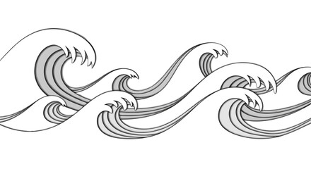 Fototapeta premium Graphic illustration of large stylized ocean waves in grayscale with clean lines and layered shadows for a decorative sea effect.