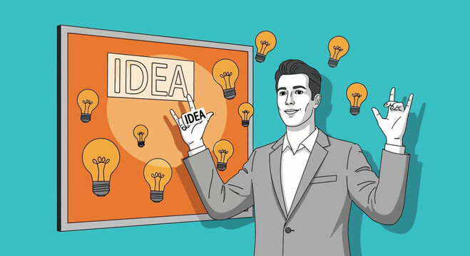 Man with many bright ideas, innovation concept, light bulbs exploding around