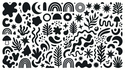 Fototapeta premium Seamless black botanical silhouette pattern featuring diverse leaves, ferns, mushrooms, waves and abstract shapes for nature-inspired backgrounds and textile design.