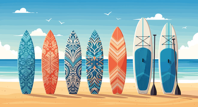 Row of colorful surfboards with various patterns and two paddle boards with oars standing on a sunny sandy beach by the ocean.