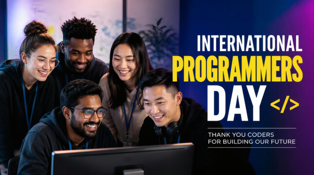 diverse global programmers celebrating international programmers day together with coding gear and modern text overlay vibrant tech community