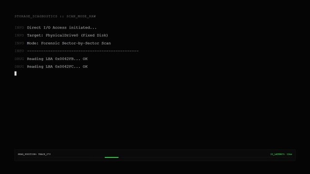 Storage Diagnostics Screen Showing Raw Mode Forensic Sector Scan with Timeout and Bad Block Critical Error Messages.