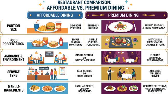 Affordable versus premium dining vector infographic with restaurant comparison food presentation ambience and service quality concepts