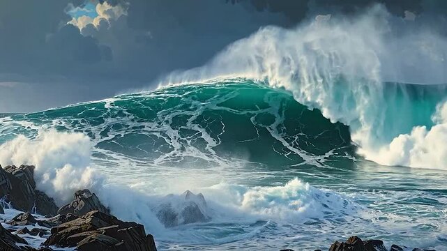 A powerful ocean wave crashes against dark jagged rocks under a stormy sky