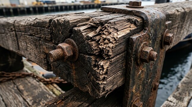 Close-up of weathered wooden dock with rusty bolts and aged texture.