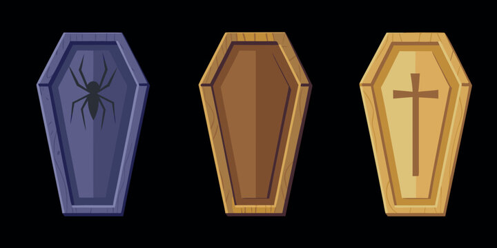 Three stylized coffins with halloween decorations top down view
