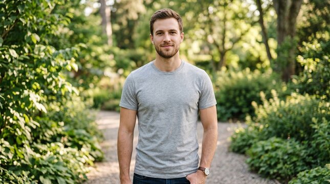 Man in blank gray t-shirt standing in sunny park