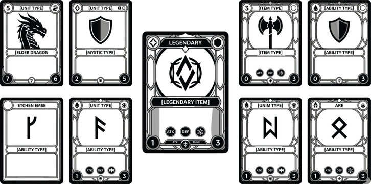 Black and white fantasy trading card vector templates with runic symbols shields weapons and collectible tabletop game layouts