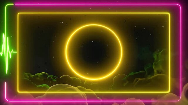 A glowing neon frame surrounds a bright circle against a dark starry night sky