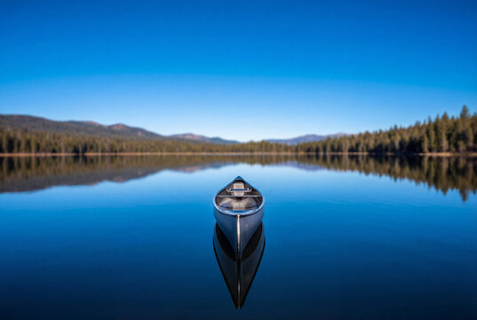 Single modern canoe floating on a calm lake under blue sky