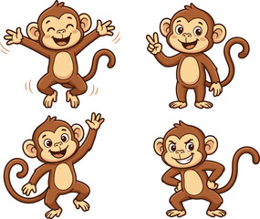 Fototapeta premium Vector Illustration of Cute Monkeys in Different Poses with Happy and Playful Expressions.