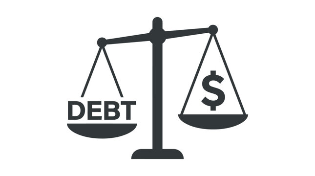 Balance scale weighing text debt against dollar coin icon for financial leverage concepts