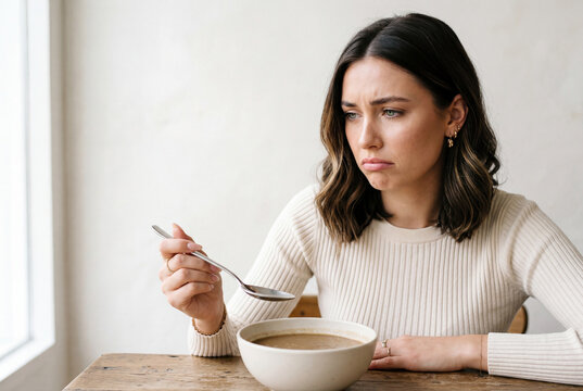 Disappointed young woman looking at a bowl of bland soup