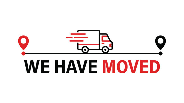 We have moved announcement banner with delivery truck and route pins for business relocation