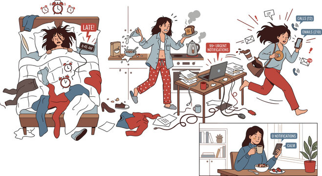 Chaotic busy morning routine vector illustration with oversleeping multitasking rushing stress and exhausted remote work lifestyle scenes