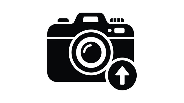 Digital camera icon with upward direction arrow inside circle for photo upload concepts
