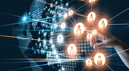 Obraz premium Hand touching a glowing network of people icons connected by lines, representing global connectivity and social media on a digital world map background with light beams.