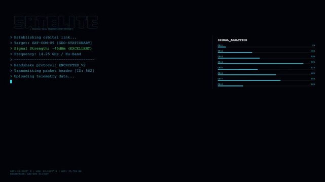 Satellite Orbital Data Transmission System Screen Showing Successful Connection and Signal Analytics Dashboard.