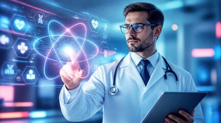 Obraz premium Doctor interacting with futuristic medical hologram interface displaying DNA helix, heartbeat, and atom model for advanced healthcare technology concept.