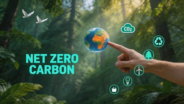 Net zero carbon emission concept, hand touching digital earth globe in green forest, sustainability, ecology, renewable energy icons, climate change solution, environmental