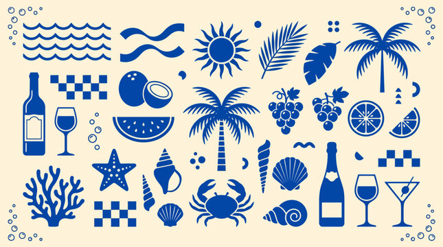 Blue tropical beach icons: palm trees, waves, sun, cocktails, bottles, fruits and seaside elements in a vector illustration