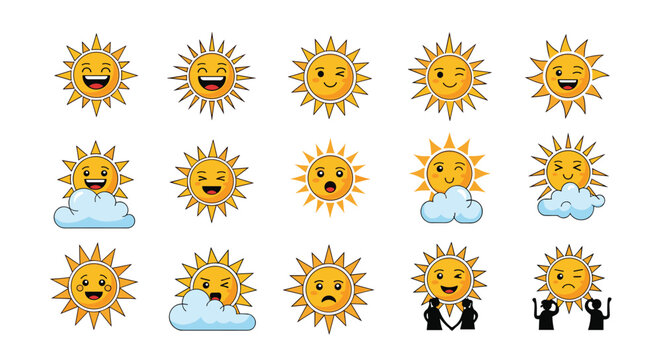 Collection of cute sun characters with various facial expressions and cloud elements showing different moods and weather.