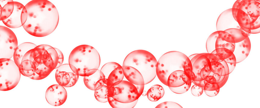 Abstract red bubbles on white background, floating crimson spheres with organic texture, microscopic biological cells or blood particles concept