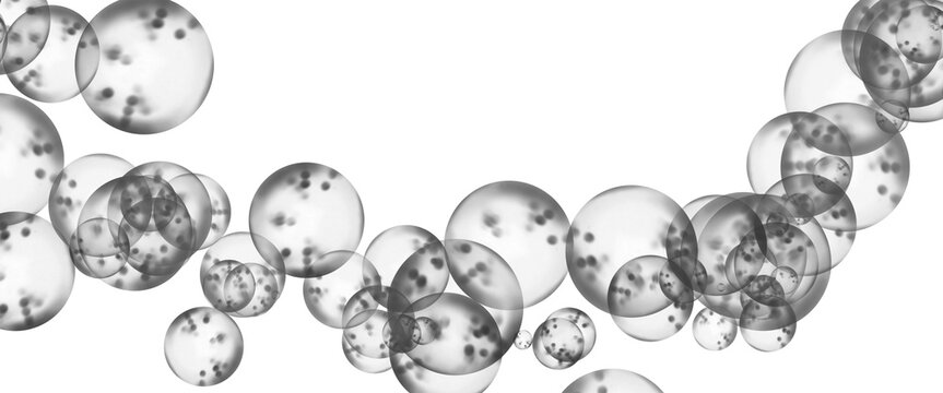 Transparent water bubbles on white background, floating liquid spheres in motion, abstract soap suds and clear oxygen droplets for cosmetic design