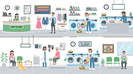 Fototapeta premium Vector Illustration of a Vet Clinic and Self-Service Laundry with Characters in Various Activities.