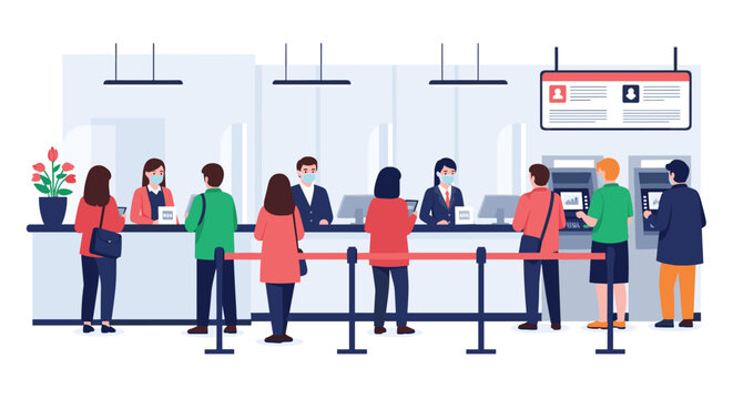 People wearing masks while waiting in a socially distanced queue at a bank counter and using atm machines indoors.