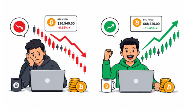 Crypto Trader Vector Illustration Set, Bitcoin Trading Profit and Loss Concept, Bullish and Bearish Market Analysis with Man on Laptop