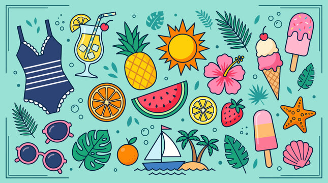 Vibrant summer vacation illustration featuring tropical fruits, beach gear, sun, sea, sailboat, and colorful popsicles.