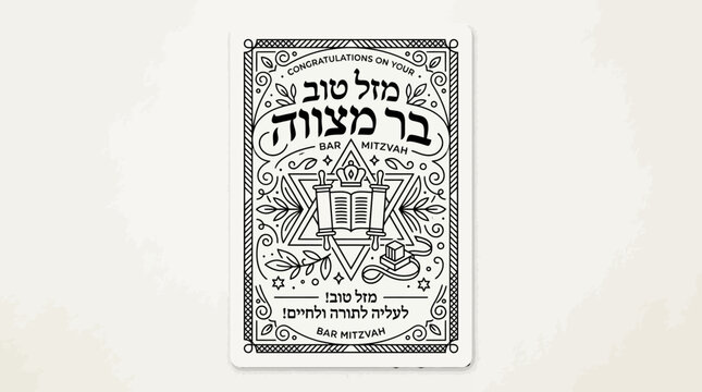 Bar Mitzvah Hebrew Text Invitation Card with Star of David and Torah Scroll