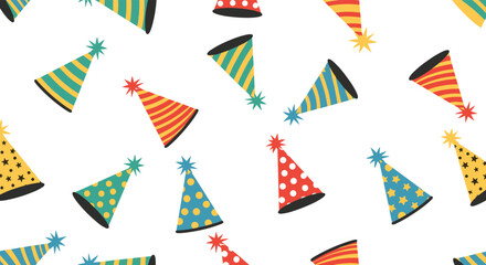 Obraz premium Fun and colorful seamless pattern featuring various party hats with stripes dots and stars for festive celebrations.