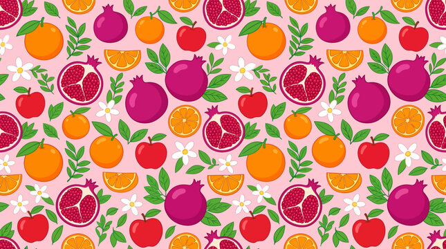 Colorful seamless pattern featuring citrus fruits (oranges, lemons, limes, grapefruit) and purple fruit with green leaves on a white background.